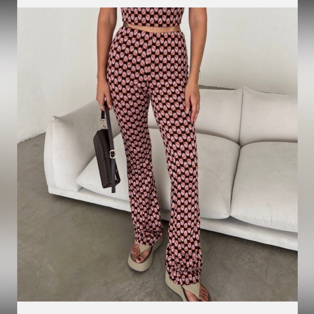 Zara Retro Knit Patterned Flare Pants Small Bellbottom Flare Pink Brown